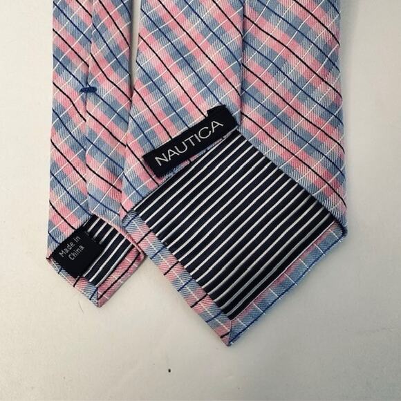 NAUTICA Men's 100% Silk Classic Necktie Designer Plaid/Check Pink/Blue EUC - Picture 9 of 10